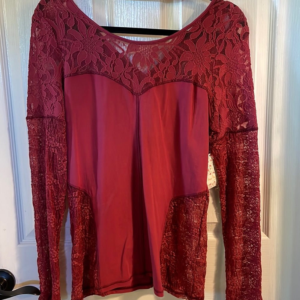Free People Burgundy Lace Long Sleeve Top
